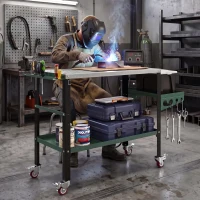 HOMCOM 2Tier Rolling Welding Table, Lockable Steel Heavy Duty Welding Workbench Table with Side Tray, Silver & Green(m-1)