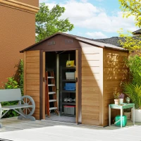 Outsunny 7.7' x 6.5' Outdoor Metal Garden Shed House Hut Gardening Tool Storage with Ventilation, Brown with Wood Grain(m-1)