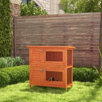 PawHut 2-Tier Wooden Rabbit Hutch Small Animal House Bunny Pet Cage with 2 Main Rooms, Sliding Tray, Opening Top, Yellow(m-1)