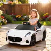 Qaba 12V Maserati Gran Turismo Licensed Kids Electric Car w/ Remote Control, Soft Start, LED Lights, Music, Horn, MP3, White(m-1)