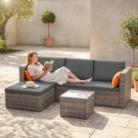 Outsunny 3-Piece Patio Furniture Set Modern Sectional Sofa Rattan Chair Wicker Conversation Set Outdoor Hand Woven Rattan Wicker Furniture Patio Coffee Table Sofa Set, Grey(m-1)