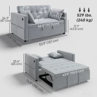 HOMCOM 3‑in‑1 Convertible Sofa Bed, Pull Out Sleeper Sofa with USB Charging, Adjustable Backrest, Side Pockets, Light Grey(m-3)