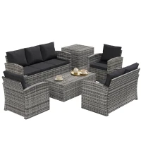 Outsunny 6 Pieces Wicker Patio Furniture Set with Cushions, 7-Seater Rattan Patio Sofa Set with Storage Table, Black(m-9)