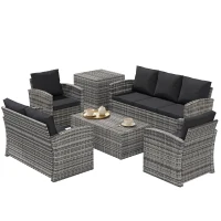 Outsunny 6 Pieces Wicker Patio Furniture Set with Cushions, 7-Seater Rattan Patio Sofa Set with Storage Table, Black(m-2)