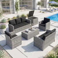 Outsunny 6 Pieces Wicker Patio Furniture Set with Cushions, 7-Seater Rattan Patio Sofa Set with Storage Table, Black(m-1)