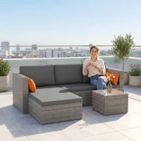Outsunny 3-Piece Patio Furniture Set Modern Sectional Sofa Rattan Chair Wicker Conversation Set Outdoor Hand Woven Rattan Wicker Furniture Patio Coffee Table Sofa Set, Grey(m-8)