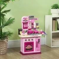 Qaba Kids Play Kitchen with Lights, Sounds, 33 Accessories & Storage for Toddler 3-6 Years(m-8)