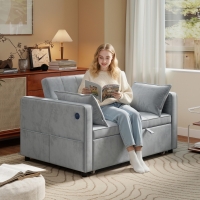 HOMCOM 3‑in‑1 Convertible Sofa Bed, Pull Out Sleeper Sofa with USB Charging, Adjustable Backrest, Side Pockets, Light Grey