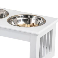 PawHut Deluxe Double Pet Dog Bowl Feeding Station Wooden Stand Pet Feeder Elevated Base Twin Bowls Stainless Steel, White(m-12)