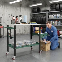 HOMCOM 2Tier Rolling Welding Table, Lockable Steel Heavy Duty Welding Workbench Table with Side Tray, Silver & Green(m-8)
