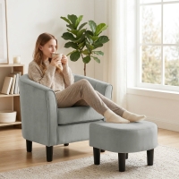 HOMCOM Accent Chair Modern Upholstered Living Room Chair with Ottoman and Pocket Spring Cushion Grey
