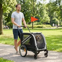 PawHut Dog Bike Trailer, 2-in-1 Dog Stroller with Universal Wheel Reflectors Flag, Grey(m-8)