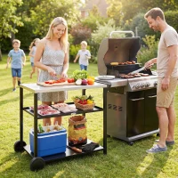 Outsunny Outdoor Grill Cart with Stainless Steel Tabletop, 3-Tier BBQ Stand, Movable Food Prep Table on Wheels, Black(m-8)