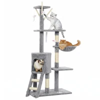 PawHut 53" Cat Tree Tower, Kitten Activity Centre with Scratching Posts, Condo, Perches, Ladder, Hammock, Dangling Toys, Grey(m-9)