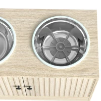 PawHut Raised Dog Bowls with Storage, Slow Feeder,  2 Stainless Steel Food and Water Bowl Non-Slip, Oak(m-10)