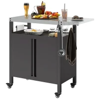 Outsunny Outdoor Grill Cart Table with Foldable Side Table, BBQ Grill Stand with Stainless Steel Top & Hooks, 45.7"x19.7", Black(m-2)
