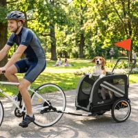 PawHut Dog Bike Trailer, 2-in-1 Dog Stroller with Universal Wheel Reflectors Flag, Grey(m-1)