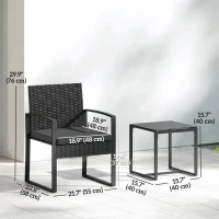 Outsunny Outdoor Bistro Set, 3 Piece Wicker Patio Furniture Set with Glass Top Table and Cushions for Porch, Balcony, Black(m-3)