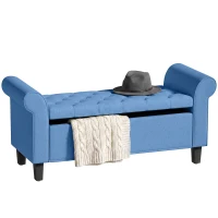 HOMCOM 47" Storage Ottoman Bench, Tufted End of Bed Bench with Rolled Arms, Safety Hinge, Wood Legs for Bedroom, Blue(m-11)