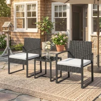 Outsunny Outdoor Bistro Set, 3 Piece Wicker Patio Furniture Set with Glass Top Table and Cushions for Porch, Balcony, Cream White(m-8)