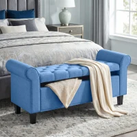 HOMCOM 47" Storage Ottoman Bench, Tufted End of Bed Bench with Rolled Arms, Safety Hinge, Wood Legs for Bedroom, Blue(m-10)