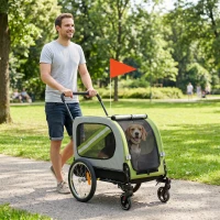 PawHut Dog Bike Trailer, 2-in-1 Dog Wagon Pet Stroller for Travel with Universal Wheel Reflectors Flag, Green(m-8)