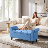 HOMCOM 47" Storage Ottoman Bench, Tufted End of Bed Bench with Rolled Arms, Safety Hinge, Wood Legs for Bedroom, Blue(m-8)