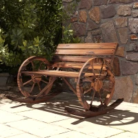 Outsunny Rocking Outdoor Bench, Wood Outdoor Loveseat with Wagon Wheel Armrests, Carbonized(m-8)
