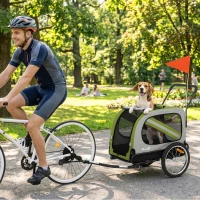 PawHut Dog Bike Trailer, 2-in-1 Dog Wagon Pet Stroller for Travel with Universal Wheel Reflectors Flag, Green(m-1)