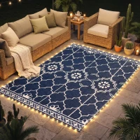 Outsunny Reversible Outdoor Rug Carpet with LED Lights, 10' x 8' PP Straw Rug with Carry Bag and Ground Stakes(m-2)