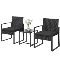 Outsunny Outdoor Bistro Set, 3 Piece Wicker Patio Furniture Set with Glass Top Table and Cushions for Porch, Balcony, Black(m-2)