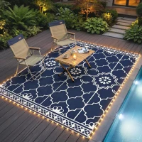 Outsunny Reversible Outdoor Rug Carpet with LED Lights, 10' x 8' PP Straw Rug with Carry Bag and Ground Stakes(m-8)