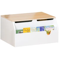 Qaba Wooden Kids Toy Box with Lid, Children Storage Organizer with Safety Hinge, Toy Trunk Chest, White(m-9)