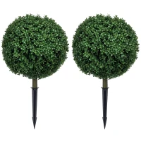 HOMCOM Artificial Boxwood Trees w/ Ground Stake, Set of 2 Ball Shaped Topiary Trees for Home Office & Living Room, UV Resistant(m-9)