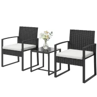 Outsunny Outdoor Bistro Set, 3 Piece Wicker Patio Furniture Set with Glass Top Table and Cushions for Porch, Balcony, Cream White(m-2)