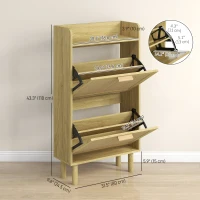 HOMCOM Slim Shoe Storage with 2 Flip Drawers and Adjustable Shelves, Rattan Shoe Cabinet Organizer for 12 Pair, Oak(m-3)