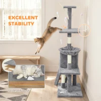 PawHut 53" Cat Tree Tower, Kitten Activity Centre with Scratching Posts, Condo, Perches, Ladder, Hammock, Dangling Toys, Grey(m-6)
