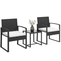 Outsunny Outdoor Bistro Set, 3 Piece Wicker Patio Furniture Set with Glass Top Table and Cushions for Porch, Balcony, Cream White(m-9)