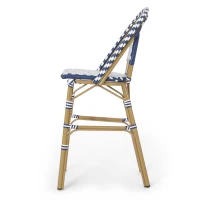 Set of 4 Outdoor Bar Stools with Rust‑Resistant Flat-Wicker construction, Rattan Bar Chairs with Aluminium Frame, 18'' L x 24.5'' W x 45'' H, White+Blue(m-11)