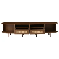 Modern TV Stand with 2 Rattan Drawers and 2 Sliding Doors, Rounded-Corner TV Cabinet with Centre Rattan Panel, 65" L x 15.5" W x 15.5" H, Walnut(m-13)