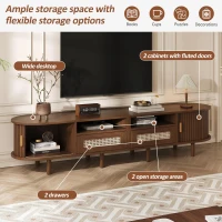 Modern TV Stand with 2 Rattan Drawers and 2 Sliding Doors, Rounded-Corner TV Cabinet with Centre Rattan Panel, 65" L x 15.5" W x 15.5" H, Walnut(m-4)