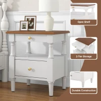 Set of 2 Modern Nightstand with Drawers and Open Shelves, Wooden Bedside Tables with Non‑Slip Rubber Feet, 19'' L x 15'' W x 22.5'' H, Milk White(m-6)