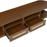 Modern TV Stand with 2 Rattan Drawers and 2 Sliding Doors, Rounded-Corner TV Cabinet with Centre Rattan Panel, 65" L x 15.5" W x 15.5" H, Walnut(m-9)