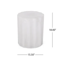 Outdoor Concrete Side Table with Subtly Fluted Cylindrical Base, Cylindrical Accent Table with Soft Wave Edge, 15.5'' L x 15.5'' W x 18'' H, Antique White(m-3)