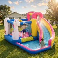 Outsunny Inflatable Water Slide Bounce House with Trampoline, Climbing Wall, Water Cannon, Basketball Hoop, Splash Pool, 450W Blower, Unicorn Themed Bouncy House for Kids 3-8 Years Old(m-10)