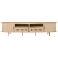Modern TV Stand with 2 Rattan Drawers and 2 Sliding Doors, Rounded-Corner TV Cabinet with Centre Rattan Panel, 65" L x 15.5" W x 15.5" H, Natural(m-2)