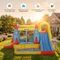 Outsunny Kids Bounce House, 4-in-1 Rocket Inflatable Water Slide Jumping Castle with 2 Slides, Climbing Wall, Trampoline, & Water Pool Area, Air Blower(m-5)