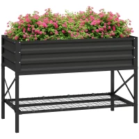 Outsunny Galvanized Raised Garden Bed, Metal Planter Box with Bed Liner and Storage Shelf, for Vegetables Flowers Herbs, Black(m-9)