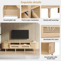 Modern TV Stand with 2 Rattan Drawers and 2 Sliding Doors, Rounded-Corner TV Cabinet with Centre Rattan Panel, 65" L x 15.5" W x 15.5" H, Natural(m-6)