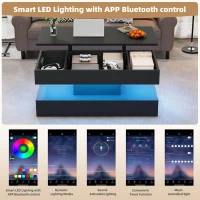 Modern Lift-Up Coffee Table with Bluetooth App-Controlled RGB Lights, Functional Center Table with Hidden Storage, 39.5" L x 19.5" W x 22" H, Black(m-4)
